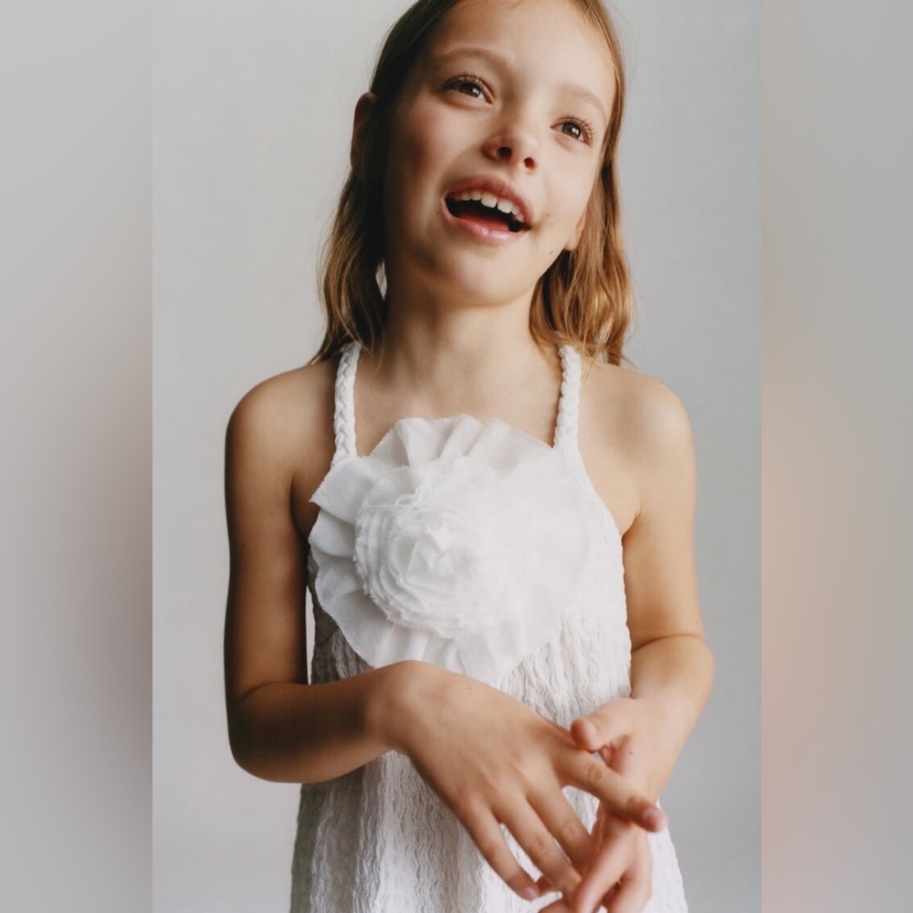 Zara Kids Girl Textured Floral Appliqué Dress - White - Picture 2 of 9